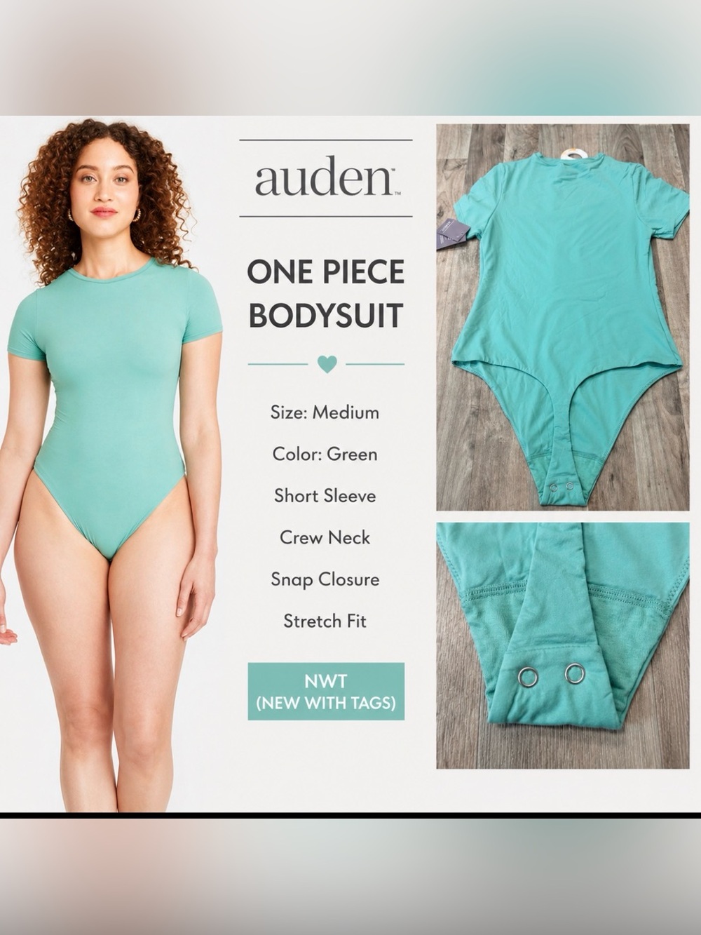NWT Auden Women’s Short Sleeve Crewneck Bodysuit Mint Green Size Medium